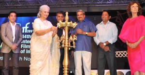 Actress Waheeda Rehman lights the inaugural lamp at the 44th International Film Festival of India (IFFI-2013) in Panaji of Goa on Nov.20, 2013. Union Information and Broadcasting Minister Manish Tewari, Goa Chief Minister Manohar Parrikar, actor Kamal Has