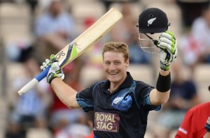 New Zealand's Guptill celebrates reaching his century during their second one-day international cricket match against England at the Ageas Bowl cricket ground in Southampton