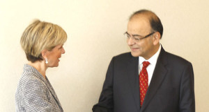 The Union Minister for Finance, Corporate Affairs and Information & Broadcasting, Shri Arun Jaitley meeting the Australian Foreign Minister, Ms. Julie Bishop, in Sydney on March 30, 2016.